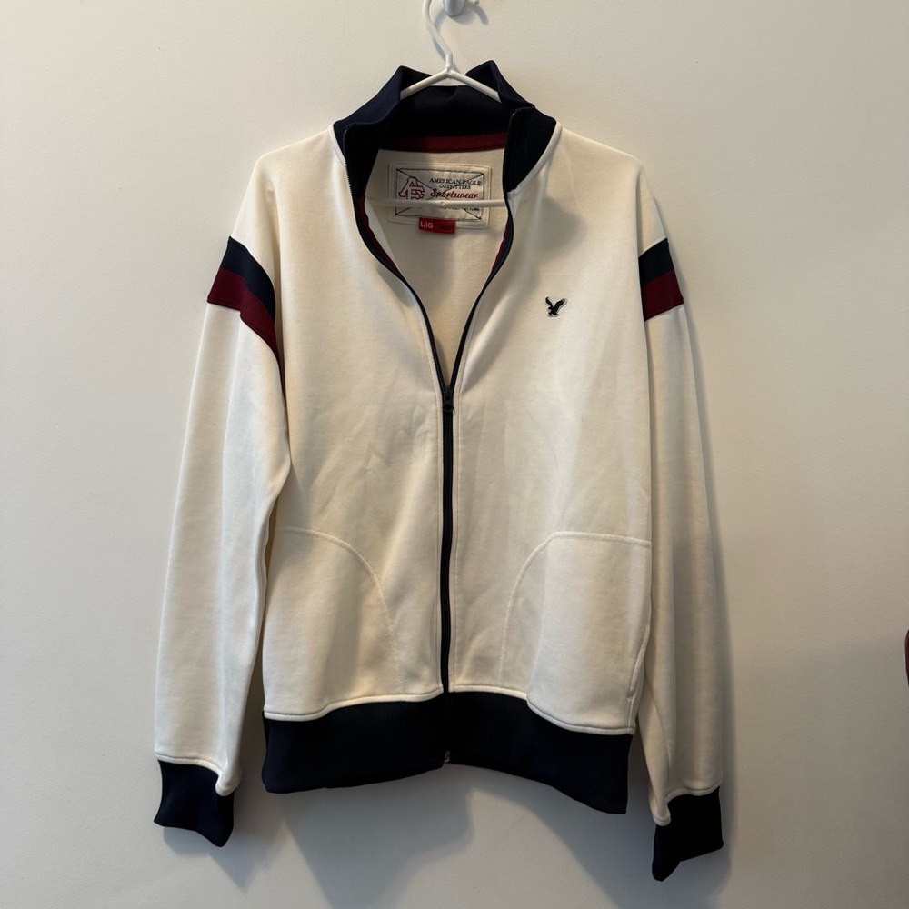 American Eagle Outfitters White Zip-Up Jacket with Navy & Burgundy Accents